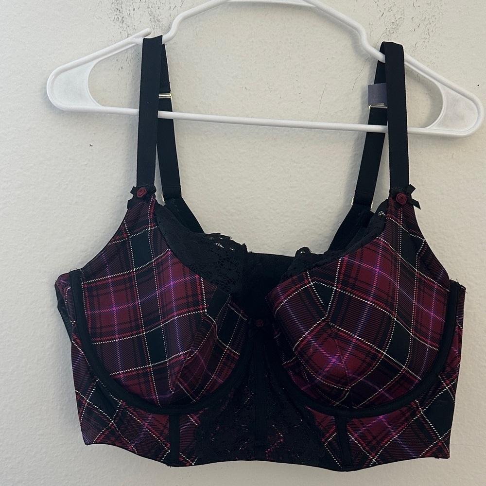 Plaid Lace Trim Bra - Black and Red